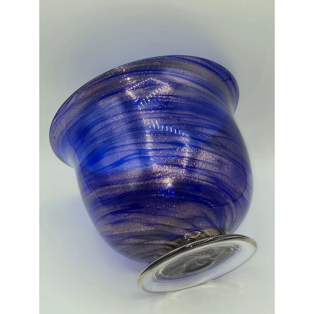 Cobalt Blue Art Glass‎ Pedestal Vase Aventurine Swirl Hand Blown Bowl Form